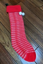 Vintage 25" Knit Merry Christmas Text Stocking Pom Poms Holiday 90s Decor