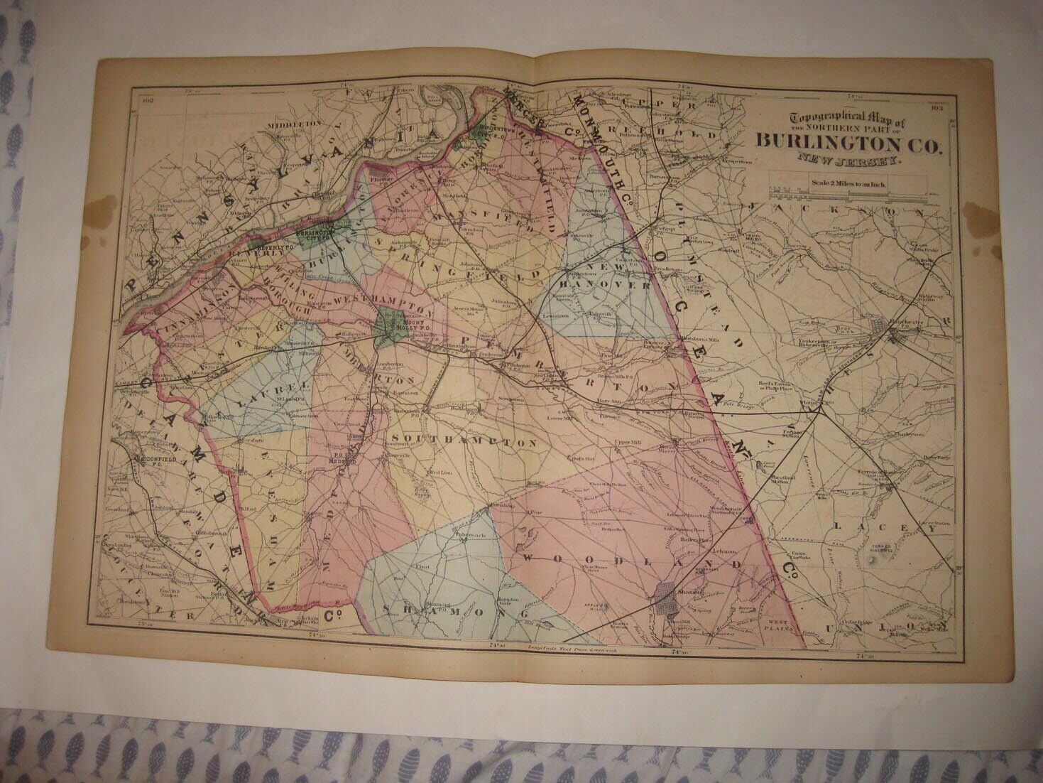 ANTIQUE 1872 BURLINGTON COUNTY NEW JERSEY MAP BORDENTOWN MADISON TOMS RIVER RARE