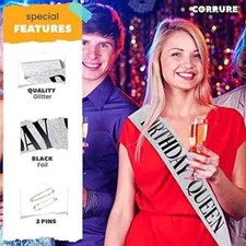 'Birthday Queen' Sash Glitter with Black Foil - Silver Glitter Happy Birthday