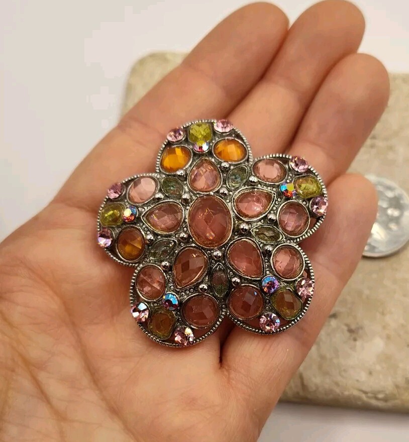 Signed Multicolored Rhinestone Flower Brooch - image 2