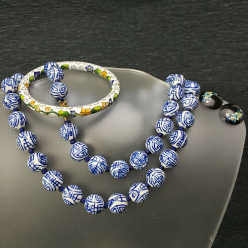 Chinesisches Porzellan blaue Shou Perlen lange Halskette Cloisonne Armreif + Ohrringe - Bild 4 von 5