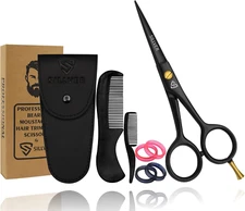 Professional Mustache Scissors 5 Inch, Razor Edged and Serrated, Beard Comb, Mus