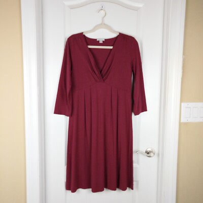 Garnet Hill Dress Womens Size S Red Faux Wrap 3/4 Sleeve Cotton