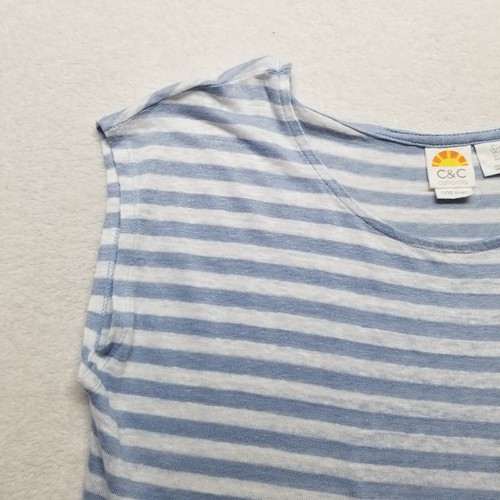 C & C California L Top 100% Linen Blue White Stripe Boxy Beach Coastal Nautical - Picture 3 of 8