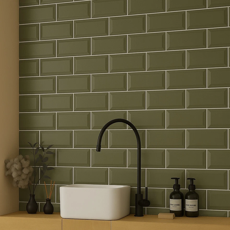Glossy Green Sage Ceramic Brick Subway Metro Tile With Bevelled Edge 10x20cm Box - Image 2 of 4