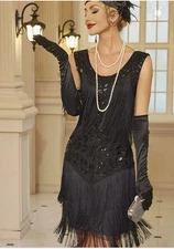 FLAPPER 1920s DRESS-Fringed, Sequined, Black Tank Dress, Vintage Style Sleeveles
