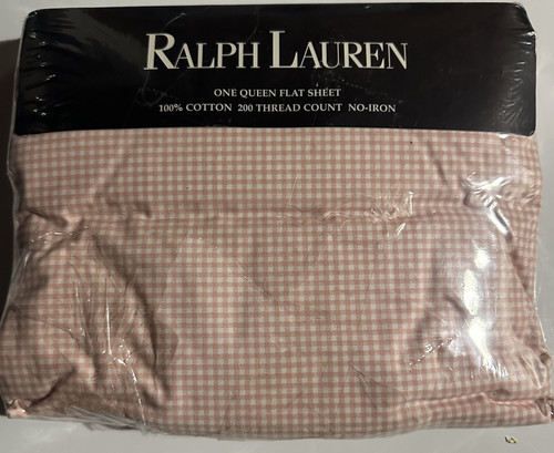VINTAGE RALPH LAUREN LIGHT PINK GINGHAM CHECK (1) QUEEN FLAT SHEET New 1990s HTF