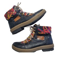 Rieker Felicitas Black Leather Ankle Boots Womens 41 Sherpa Lined Lace-up