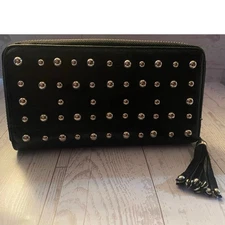 Edwin Revolution Black Studded Wallet Zip Around Tassel Missing Inner Zip Pull