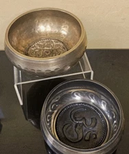 Pair of Vintage Tibetan Singing Bowls 3.5" Brass Om & Mandala Design Meditation