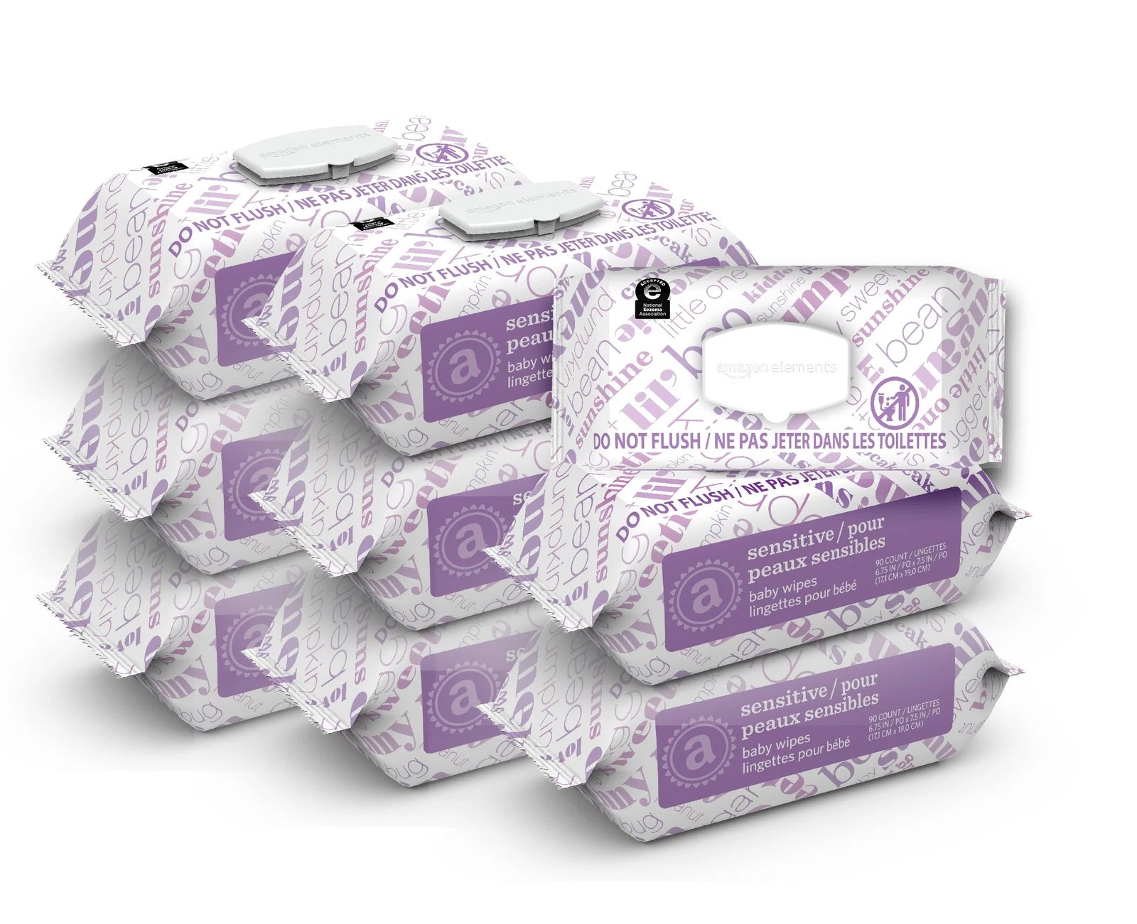 Amazon Elements Baby Wipes, Sensitive, Unscented, 90 Count (Pack of 9), White