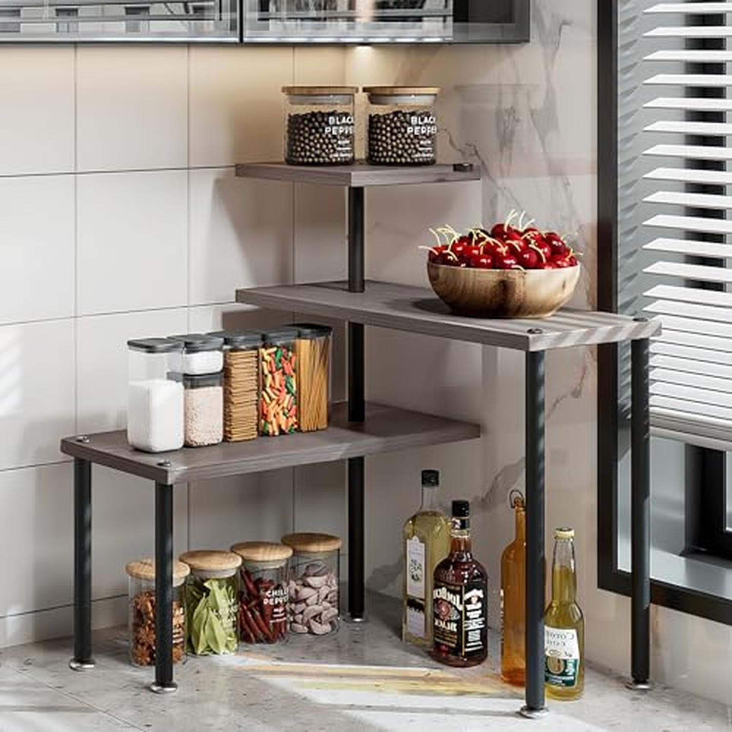 3 Tier Adjustable Countertop Organizer Corner Shelf Dark Gray Oak
