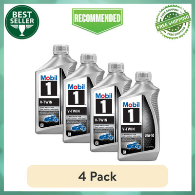 (4 pack) Mobil 1 V-Twin Full Synthetic Motorcycle Oil 20W-50, 1 Quart