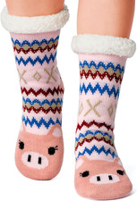 Fuzzy Slipper Socks for Women Girls Kids with Grips Warm Sherpa Lined Animal Cab