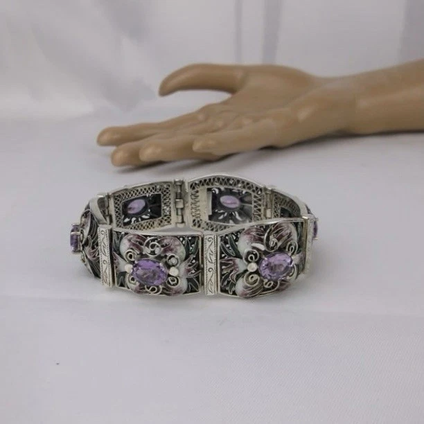 Big Sterling Silver Guilloche 9ct Amethyst Bracelet 7.5" Heavy - Image 4 of 4