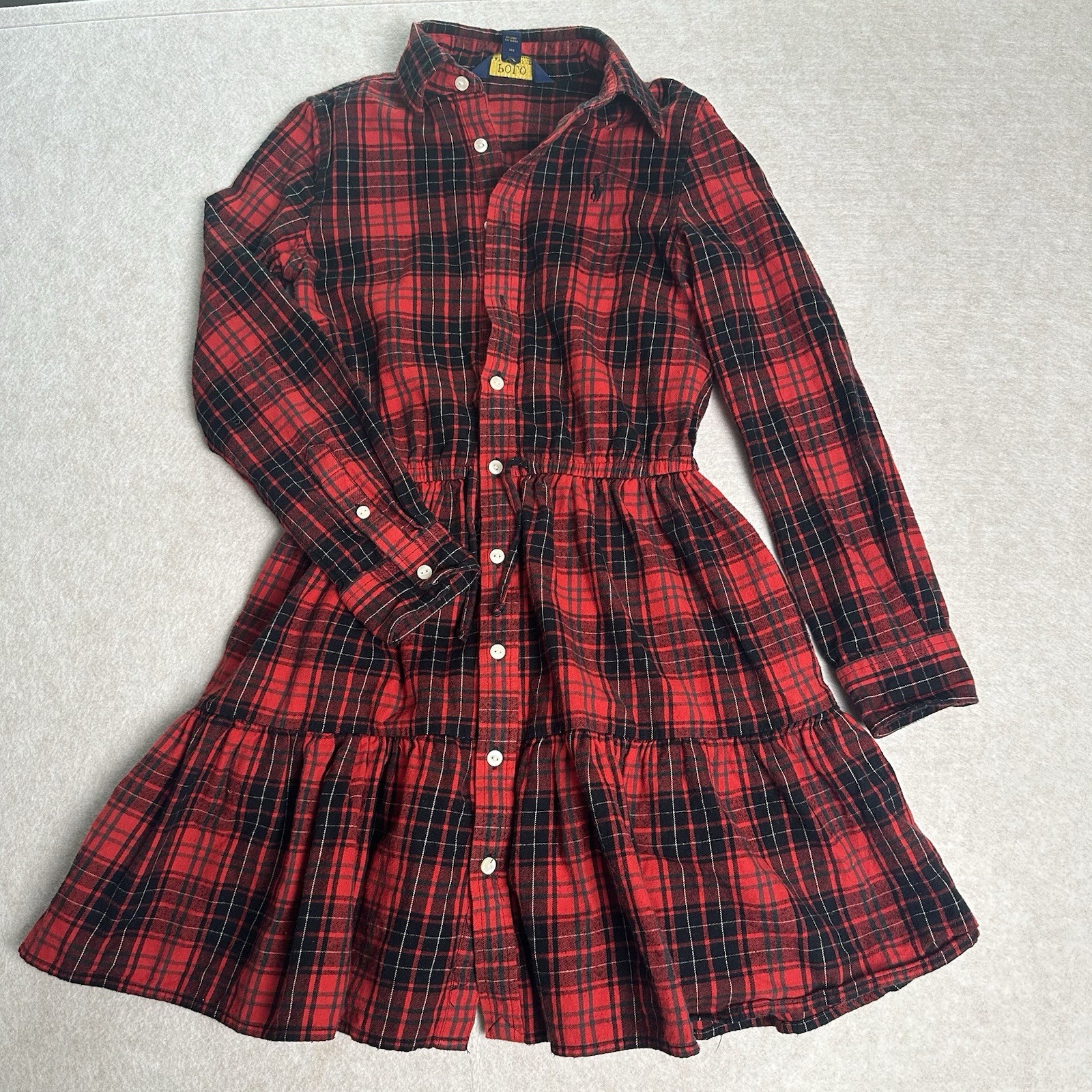 Polo Ralph Lauren Girls Size 10 Plaid Flannel Dress Red Black  (Missing Sash)