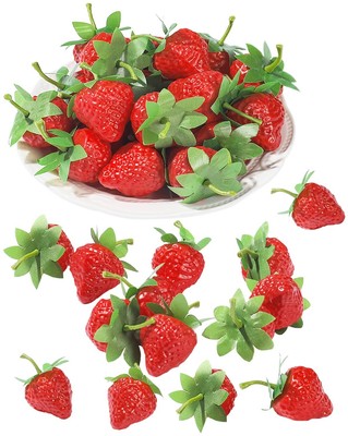60 Pieces Fake Strawberries Artificial Red Strawberries Lifelike Plastic Stra...