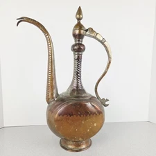 Antique Islamic Copper Ewer Pitcher Engraved Hammered Handcrafted Middle Eastern