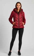New With Tag DKNY Women's Hooded Puffer Jacket Scuba Sleeves ,Black/Red