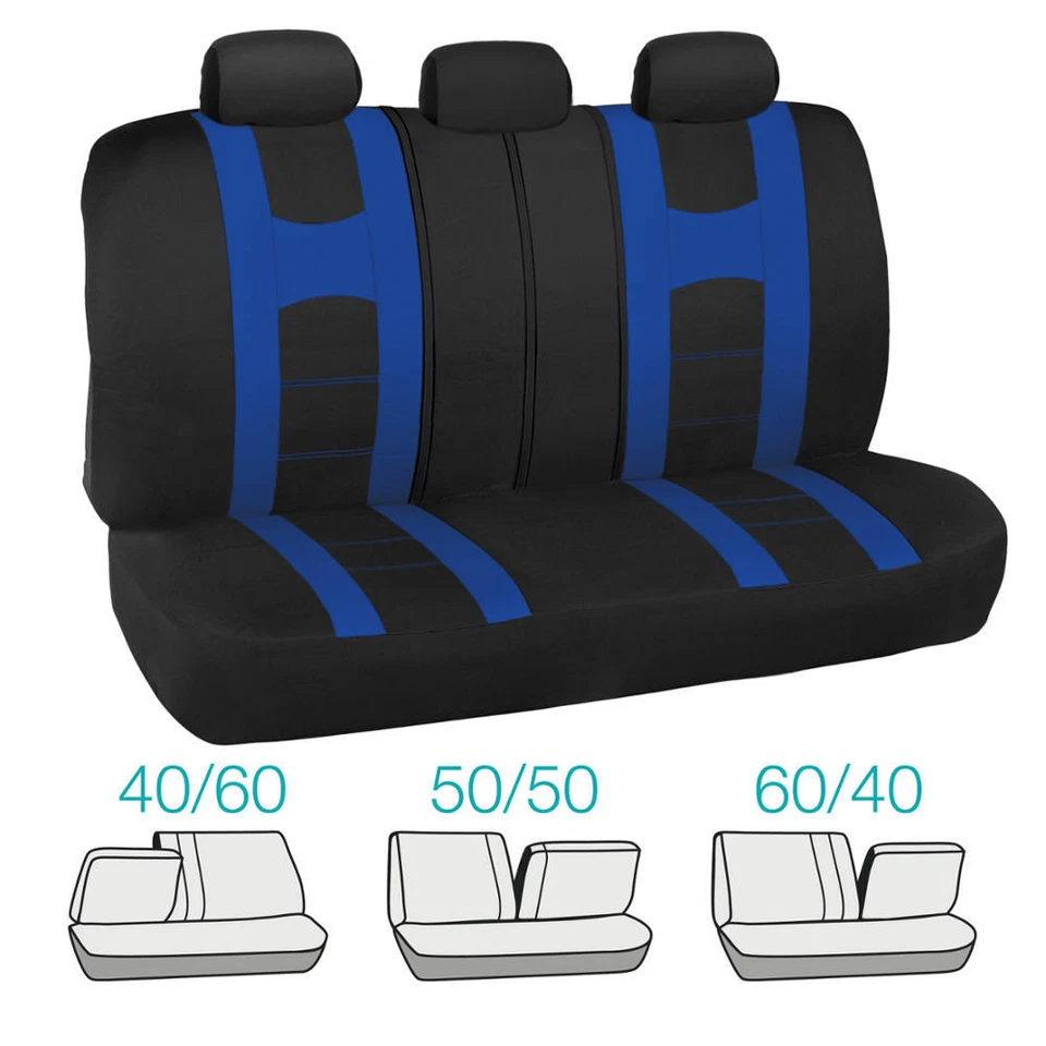 Juego completo de fundas de asiento de coche rayas deportivas banco delantero y trasero negro y azul Foto 3 de 4