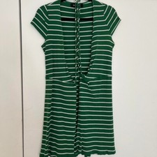 reformation tulip wrap dress in green and white stripes