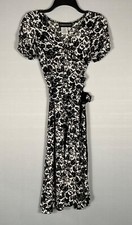 Donna Morgan Dress Womens 4 Ivory Black Floral Faux Wrap Tie Back Short Sleeves
