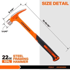 Jorgensen 22 oz Framing Hammer, Straight Claw Hammer with Magnetic Nail Holder