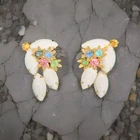 VTG Milk Glass & Multicolor Stone Earrings Clip-On Unmarked Weiss ? STATEMENT
