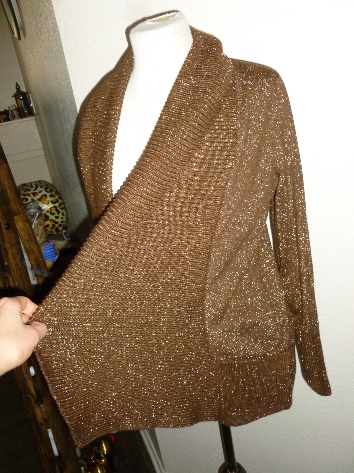 Joan Vass Womens Wrap Open Front Cardigan Sweater Sparkle Brown L Large
