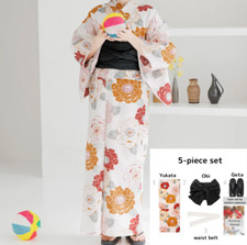 Japanese Summer kimono Yukata 5-piece set Camellia Flower White