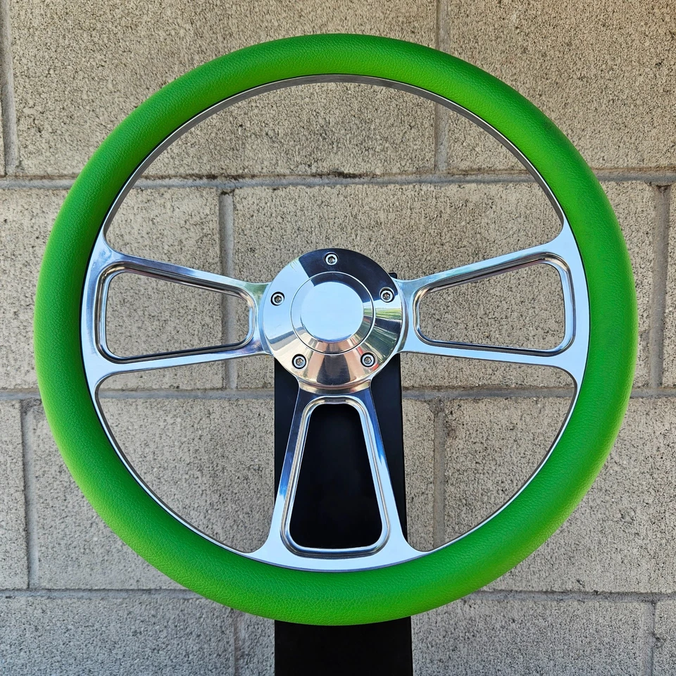 Bocina de volante de vinilo verde de 14" Billet media envoltura Chevy Muscle C10 Ford Rod Foto 2 de 4