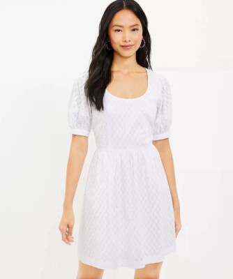 Dobby U-Neck Puff Sleeve Dress - NWT - White - LOFT - Size 4