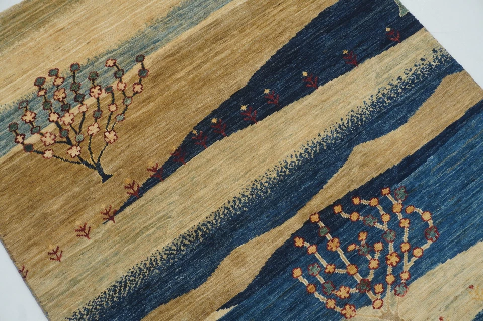 4 x 4 фута синий пейзажный афганский шерстяной племенной квадратный ковер ручной вязки Gabbeh - Изображение 4 из 4