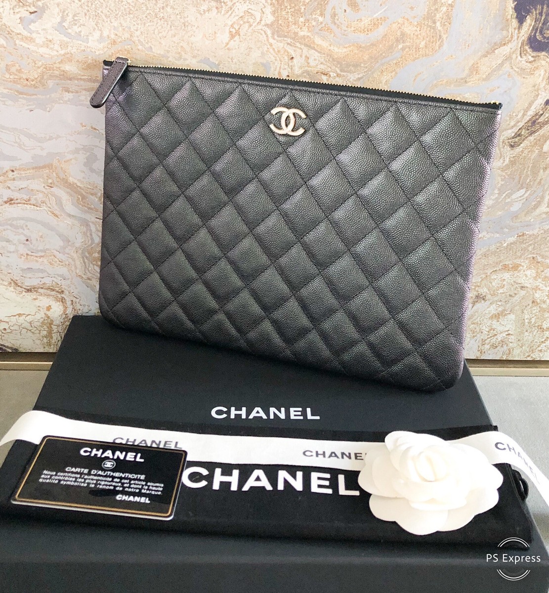 Chanel Iridescent Medium O Quilted Black Pearly CC Caviar Leather