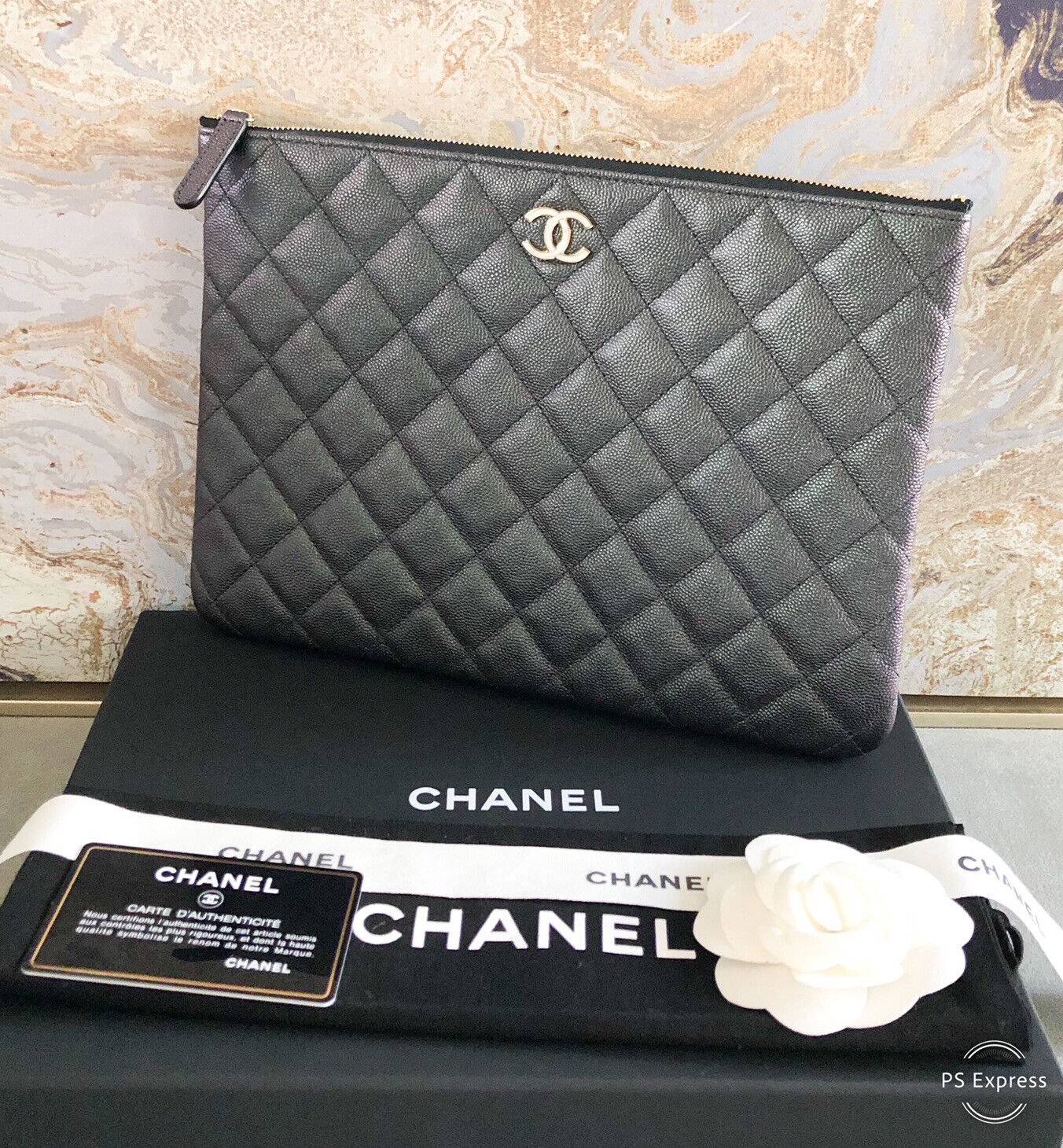 Chanel Iridescent Medium O Quilted Black Pearly CC Caviar Leather Clutch |  eBay