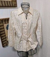 Vintage Puli Ladies Size 12 Ivory Embroidery Belted Button Up Blouse