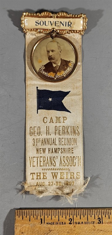 1907 GAR 31st ANNUAL REUNION CAP GEO. H. PERKINS N.H. RIBBON & PHOTO BADGE