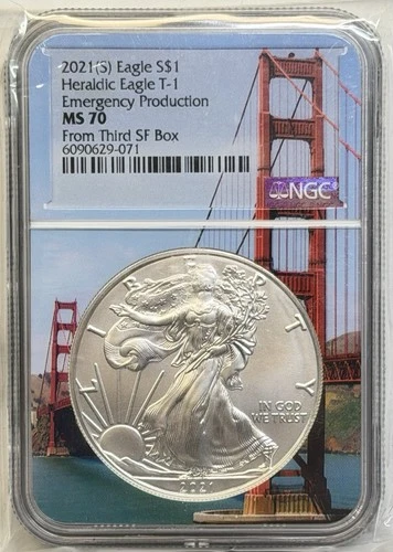 2021 (S) Silver Eagle NGC MS70 Emergency Production Heraldic Eagle T-1