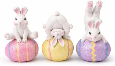 Easter Decoration Indoor, Set of 3 Resin Easter Bunny Figurines on Pastel Eggs  