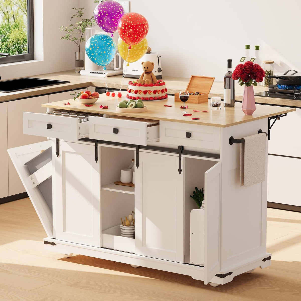 Large Rolling Kitchen Island with Power Outlet, Mobile Kitchen
