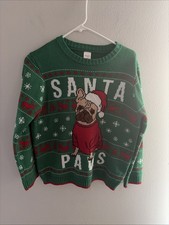 Holiday Time Sweater Kids L 10-12 Husky Green Santa Paws Dog Christmas Ugly