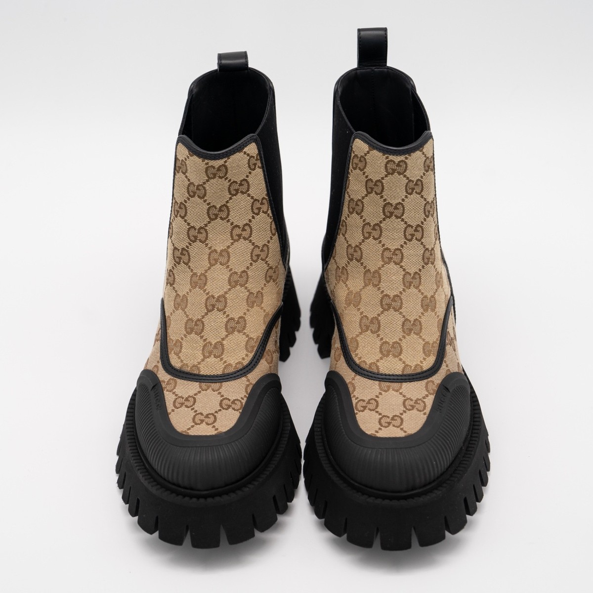 size 9G 9.5 US Gucci Boots Chelsea Beige Brown Black Canvas Ankle