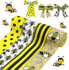 4 Rolls Bumble Bee Ribbon, Yellow Honeybee Wired Edge Burlap Ribbon for Wreaths,