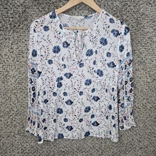 Lucky Brand Top Womens Small White Floral Print Neck Tie Boho Semi Sheer Blouse