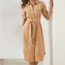 Soft Surroundings Size M Fontana Khaki Safari Shirt Dress Tan Linen Blend Belted