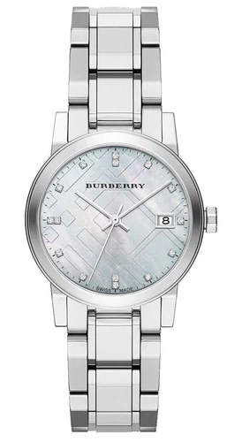 BURBERRY Diamanti Rari Svizzeri Argento Madreperla Data Quadrante 34mm Donna Acciaio Inox con...