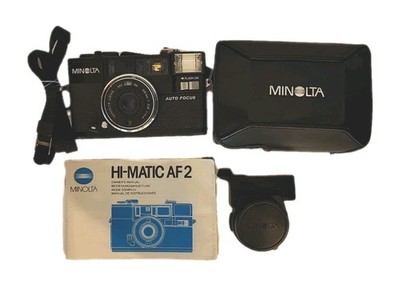 Minolta Hi-Matic AF2 35mm Film Camera 38mm f2.8 Lens Strap  Cover Case Untested 