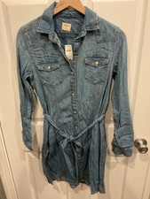 Gap Women’s Denim Blue Belted Midi Dress Long Sleeve Button Down Size S