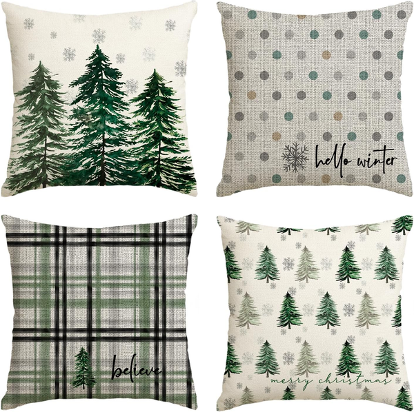 Streifen Tupfen Schneeflocken BäUme Weihnachten KissenbezüGe 4Er Set, 45X45 Cm C-image