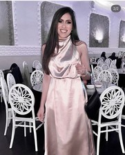 Damen Satin Midi Abendkleid Beige Gr. S ärme...